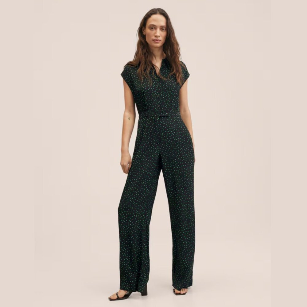 NWT Mango Black & Green Polka-dot Print Jumpsuit